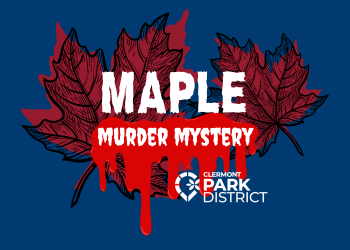 Maple Murder Mystery is written in white spooky font over two red maple leaves and a blood splatter